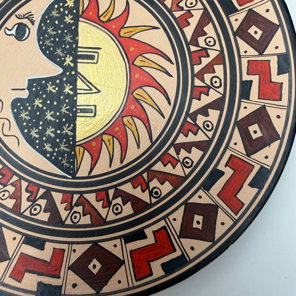 VTG Peruvian Andean Style Inti Sun Mama Quilla Moon Hand Painted Wood Plate 6" - Picture 4 of 6